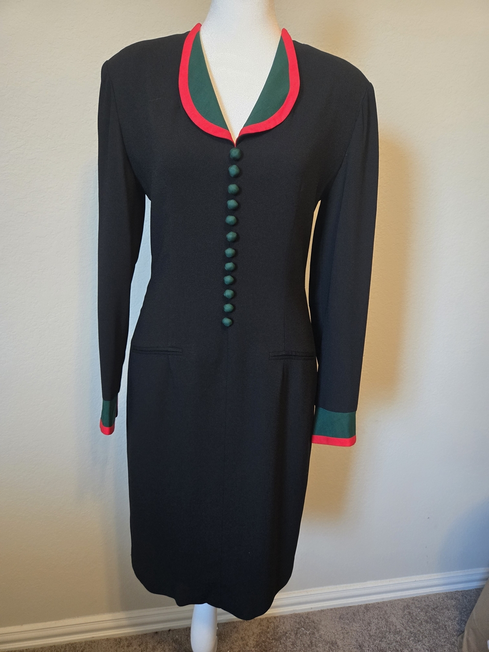 Richard Warren VINTAGE Black Long-Sleeve Dress with Green and Red Trim